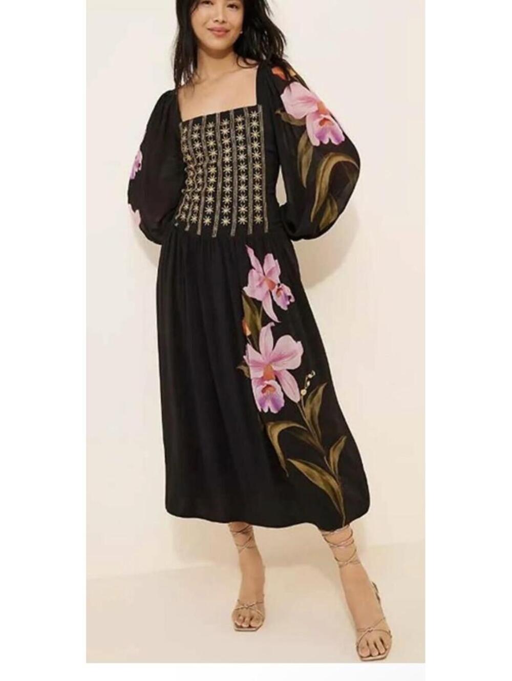 Farm Rio x Anthropologie Floral Long-Sleeve Midi Dress in Black, Size XS